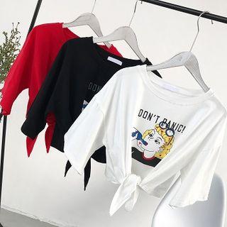 Cartoon Print Short-sleeve Tie-front T-shirt