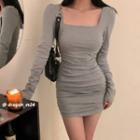 Long-sleeve Square-neck Mini Bodycon Dress Gray - One Size
