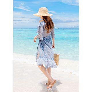 3/4-sleeve Ruffled Floral Chiffon Robe Cardigan