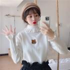 Bear Embroidered Turtleneck Long-sleeve Knit Top