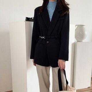 Set: Single-button Plain Blazer + Waist Chain
