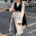 Long-sleeve Slit T-shirt / Drawstring Cropped Camisole Top