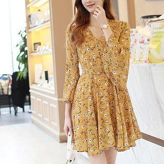 Bell Long-sleeve Wrap-front Floral A-line Dress