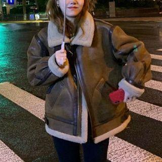 Long-sleeve Fleece Panel Faux Leather Jacket
