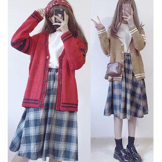 Plaid A-line Midi Skirt / See-through Shirt