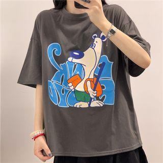 Short-sleeve Dog Print T-shirt Dark Gray - One Size