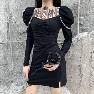 Chain Detail Long-sleeve Mini Sheath Dress
