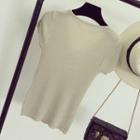 Faux Pearl V-neck Short-sleeve Knit Top