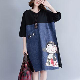 Print Panel Elbow-sleeve Denim Dress