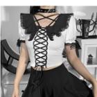 Puff-sleeve Lace Trim Lace-up Crop Top