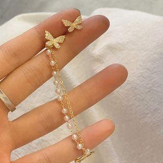 Bow Faux Pearl Fringed Earring 1 Pair - 925 Silver Needle - Two Butterflies - Gold - One Size