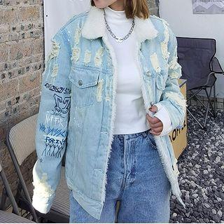 Fleece-lined Distressed Denim Jacket Blue - One Size