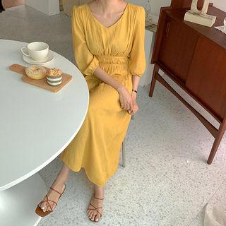 Tie-side Balloon-sleeve Shirred Long Dress