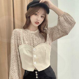 Lace Trim Floral Blouse / Plain Cropped Camisole Top