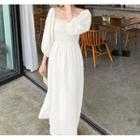 3/4-sleeve Shirred Midi A-line Dress
