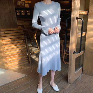 Bell-cuff Rib-knit Long Godet Dress