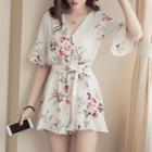 Ruffle Sleeve V-neck Floral Wrap Playsuit