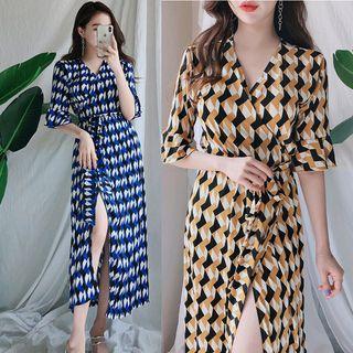 Elbow-sleeve Printed Midi Wrap Dress
