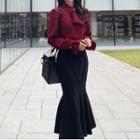 Set: Plain Shirt + Ruffle Hem Midi Pencil Skirt