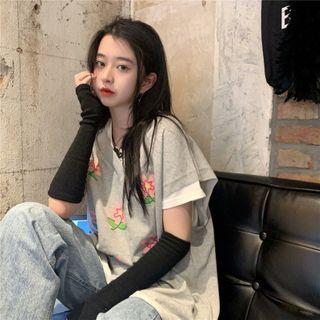 Short-sleeve Plain T-shirt / Short-sleeve Flower Print T-shirt