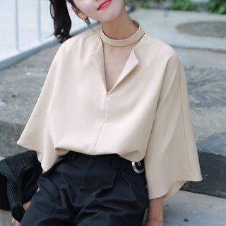 V- Neck 3/4 Sleeve Plain Blouse