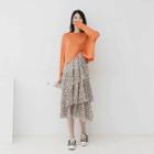 Long-sleeve Drawstring T-shirt / Floral Print Midi A-line Skirt