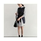 Set: Half-placket Striped Shirtdress + Slit-side Vest With Belt