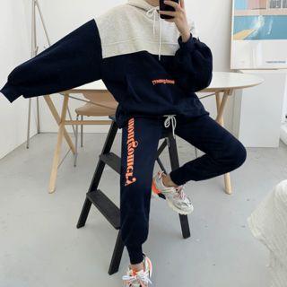 Set: Contrast-panel Fleece-lined Hoodie + Jogger Pants