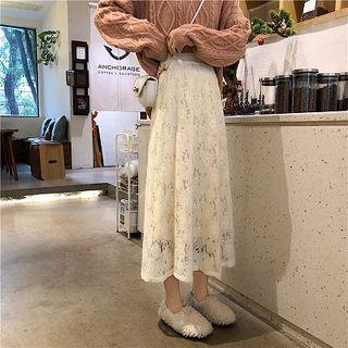 Plain High-waist Slim-fit Lace Skirt