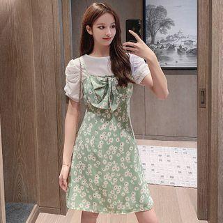 Set: Short-sleeve Blouse + Spaghetti Strap Floral Print Mini A-line Dress