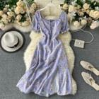 Floral Short-sleeve Square-neck Slit Midi A-line Dress