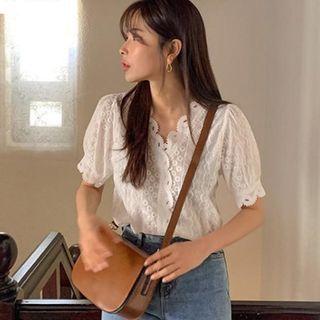 Puff-sleeve Button-up Lace Blouse