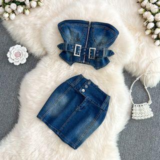Set: Denim Bandeau Top + High Waist Pencil Skirt