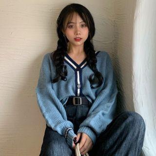 Contrast Trim Buttoned V-neck Cardigan Blue - One Size