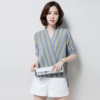 Pinstripe V-neck Short-sleeve Top