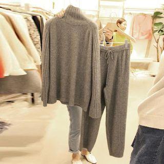 Set: Turtleneck Sweater + Drawstring Cropped Knit Straight-fit Pants