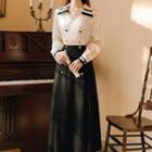 Set: Long-sleeve Open-collar Blouse + Midi A-line Skirt