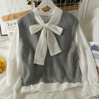 Set: Ribbon-neckline Bell-sleeve Chiffon Blouse + Knit Vest