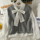 Set: Ribbon-neckline Bell-sleeve Chiffon Blouse + Knit Vest
