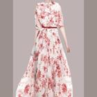 Set: Elbow-sleeve Floral Maxi A-line Dress + Belt