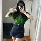 Short-sleeve Cardigan / High Waist Mini Denim Skirt