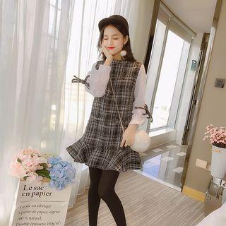 Mock Two-piece Long-sleeve Plaid Mini Dress