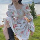 Puff-sleeve Square-neck Floral Dress As Figure - One Size