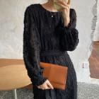 Long-sleeve Textured Midi Dress Black - One Size
