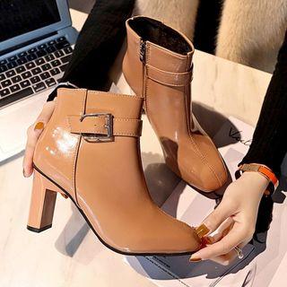 Patent Buckled Chunky Heel Short Boots