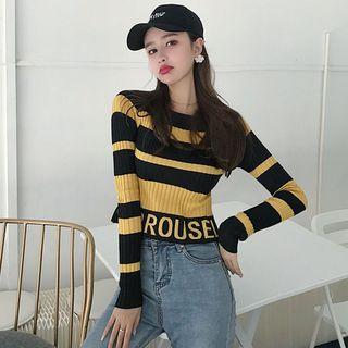Cropped Lettering Striped Knit Top