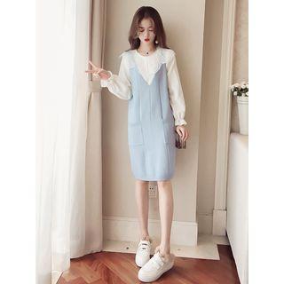Set: Long-sleeve Collared Top + Knit Pinafore Dress