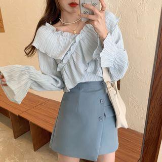 Puff-sleeve Crisscross Blouse / Asymmetrical A-line Skirt
