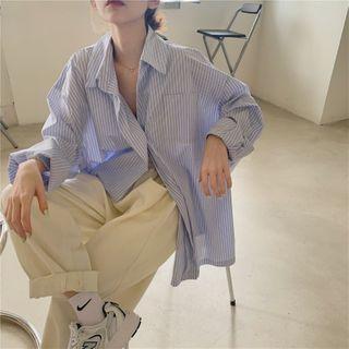 Striped Single-button Long-sleeve Shirt As Shown In Figure - One Size