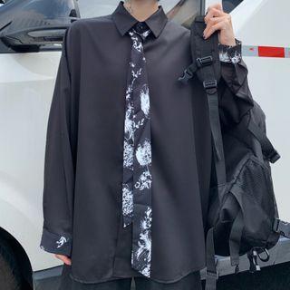 Set: Long Sleeve Plain Shirt + Printed Necktie Black - One Size